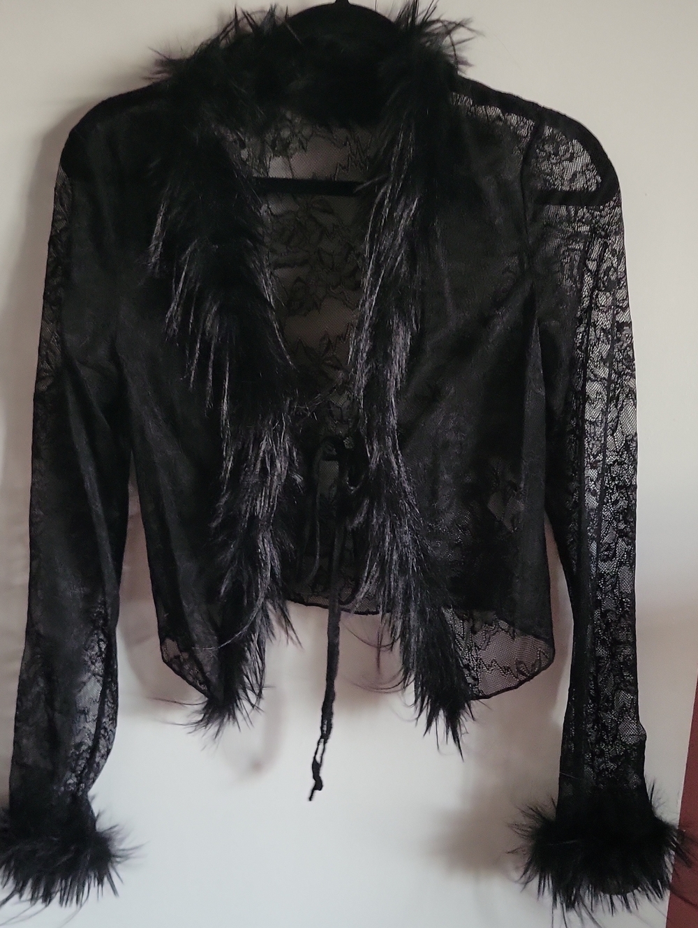 Black Lace Faux-Fur Trim Tie Front Cardigan  Women's Top